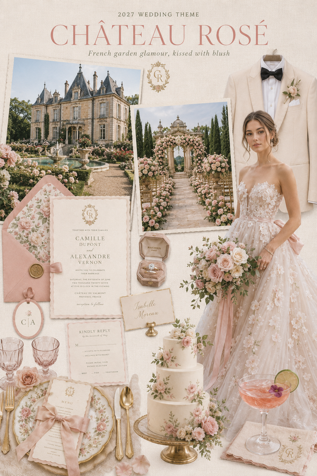 Château Rosé 2027 wedding theme mood board with a French château venue, blush florals, wedding attire, stationery, cake and tablescape Château Rosé 2027 wedding theme mood board with a French château venue, blush florals, wedding attire, stationery, cake and tablescape