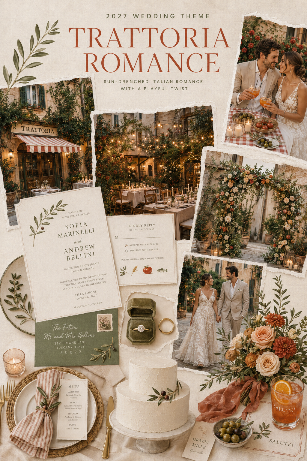 Trattoria Romance 2027 wedding theme mood board with a candlelit Italian courtyard, wedding fashion, subtle tomato accents, stationery, cake and tablescape Trattoria Romance 2027 wedding theme mood board with a candlelit Italian courtyard, wedding fashion, subtle tomato accents, stationery, cake and tablescape