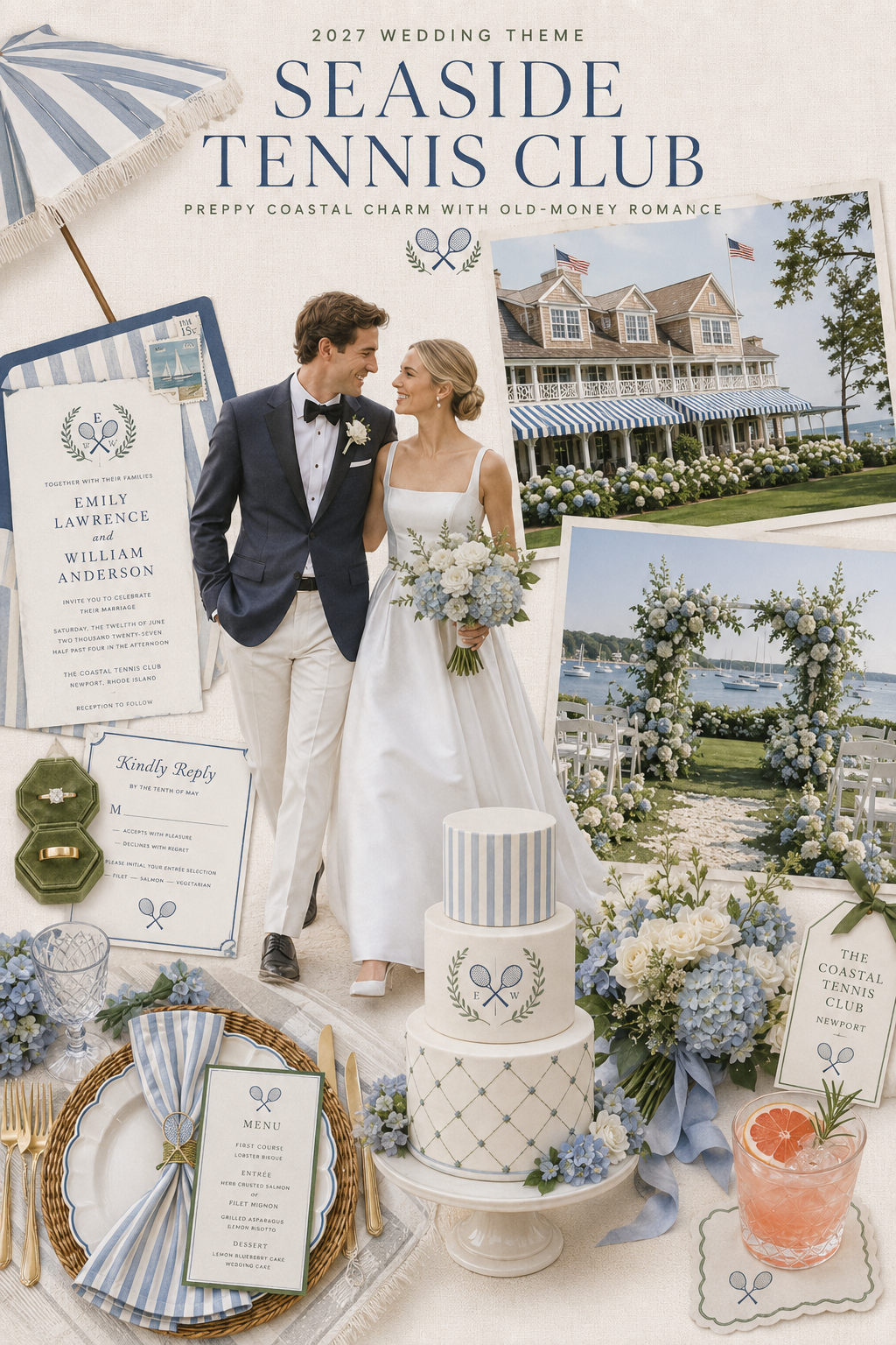 Seaside Tennis Club 2027 wedding theme mood board with a coastal club venue, preppy wedding fashion, blue flowers, stationery, cake and tablescape Seaside Tennis Club 2027 wedding theme mood board with a coastal club venue, preppy wedding fashion, blue flowers, stationery, cake and tablescape