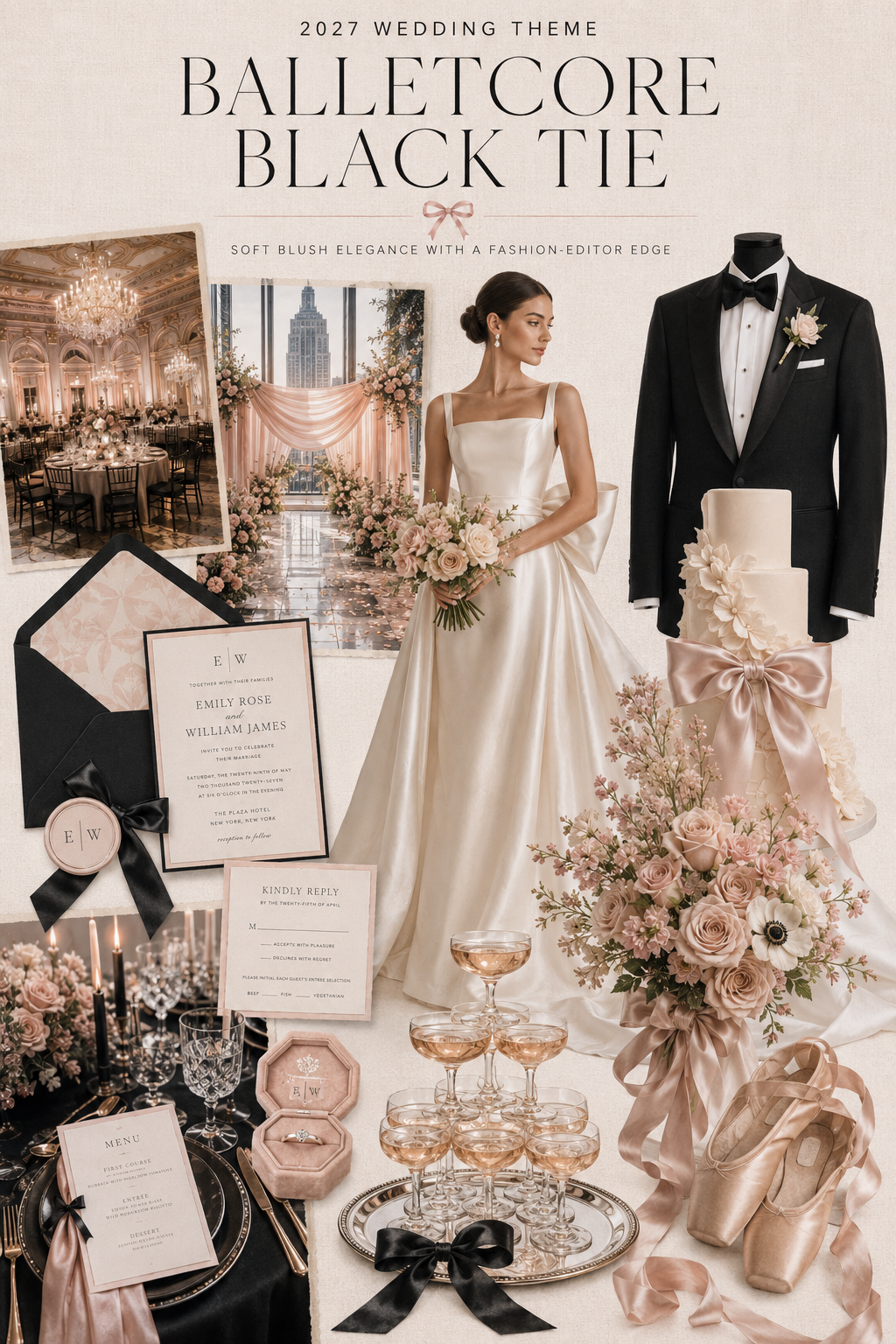 Balletcore Black Tie 2027 wedding theme mood board with blush and black formal wedding fashion, flowers, stationery, cake and tablescape Balletcore Black Tie 2027 wedding theme mood board with blush and black formal wedding fashion, flowers, stationery, cake and tablescape