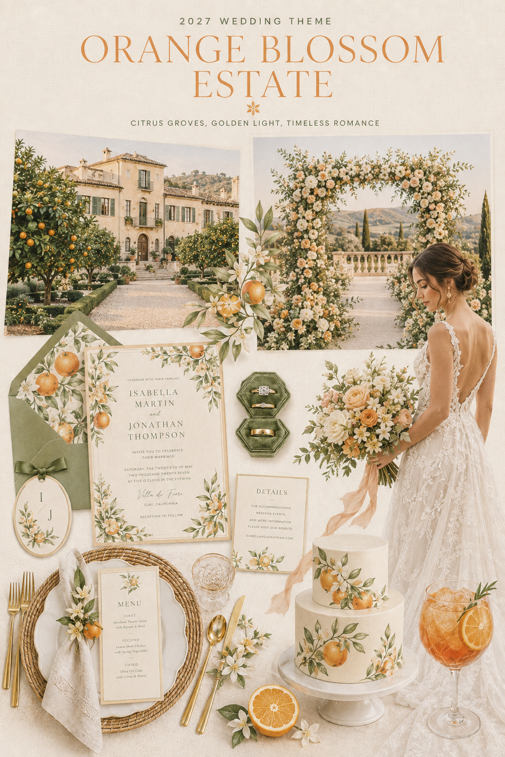 Orange Blossom Estate 2027 wedding theme mood board with a citrus grove venue, orange blossom flowers, wedding attire, stationery, cake and tablescape Orange Blossom Estate 2027 wedding theme mood board with a citrus grove venue, orange blossom flowers, wedding attire, stationery, cake and tablescape