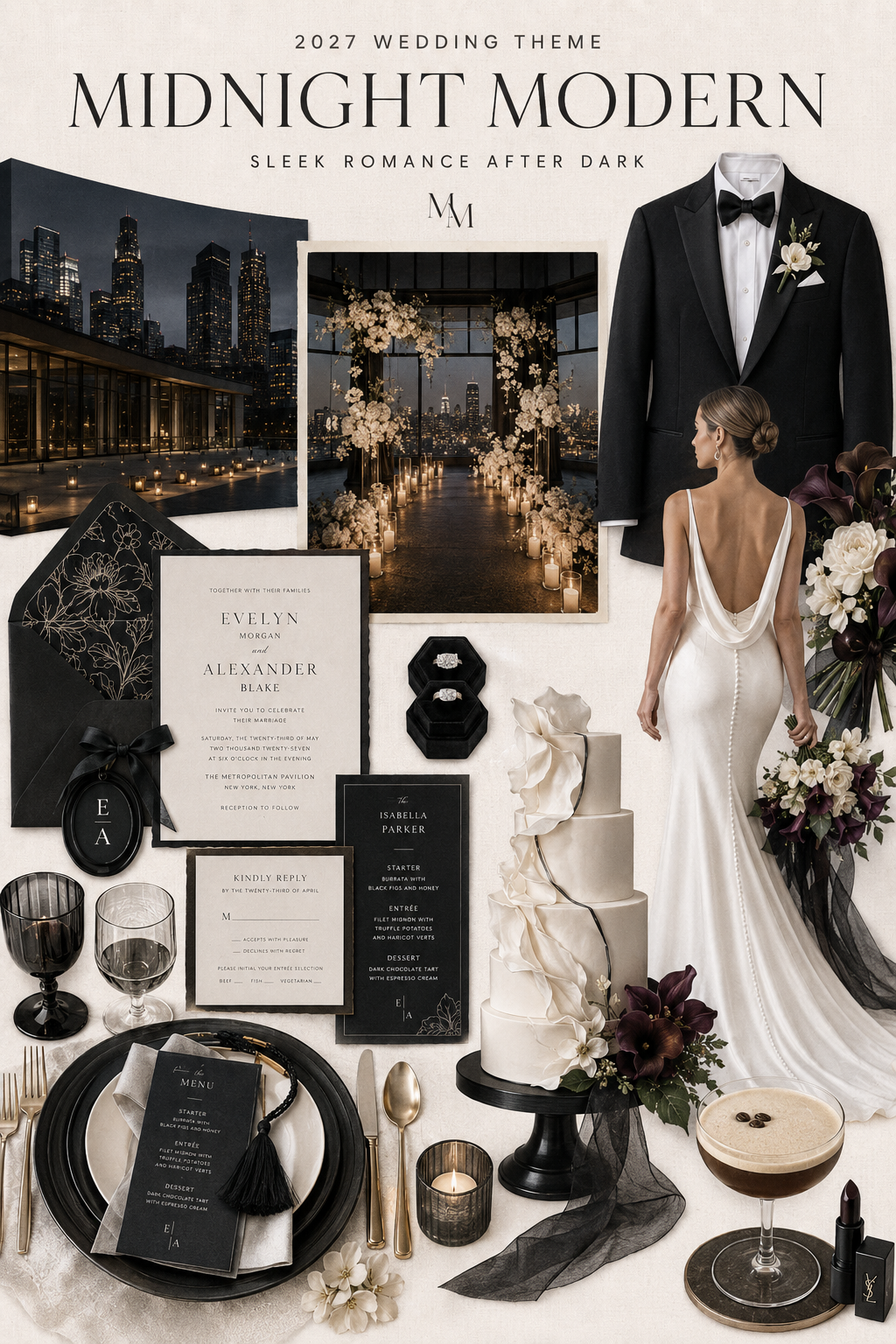 Midnight Modern 2027 wedding theme mood board with an after dark city venue, black tie fashion, sculptural flowers, stationery, cake and tablescape Midnight Modern 2027 wedding theme mood board with an after dark city venue, black tie fashion, sculptural flowers, stationery, cake and tablescape