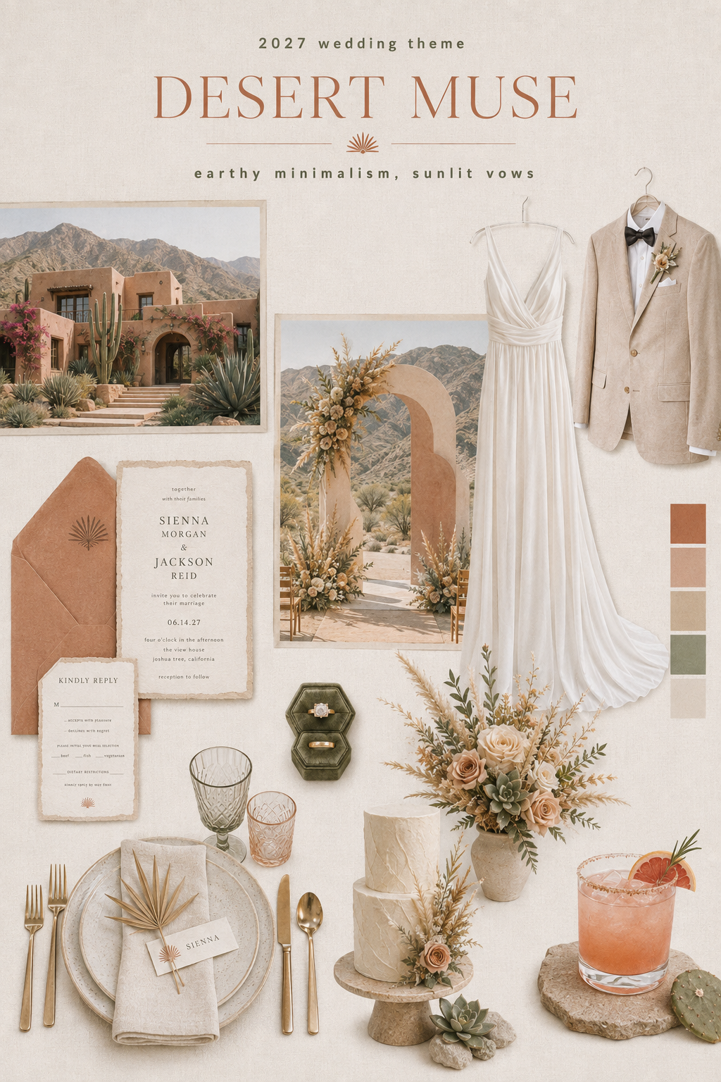Desert Muse 2027 wedding theme mood board with an adobe venue, modern wedding attire, sculptural flowers, stationery, cake and tablescape Desert Muse 2027 wedding theme mood board with an adobe venue, modern wedding attire, sculptural flowers, stationery, cake and tablescape