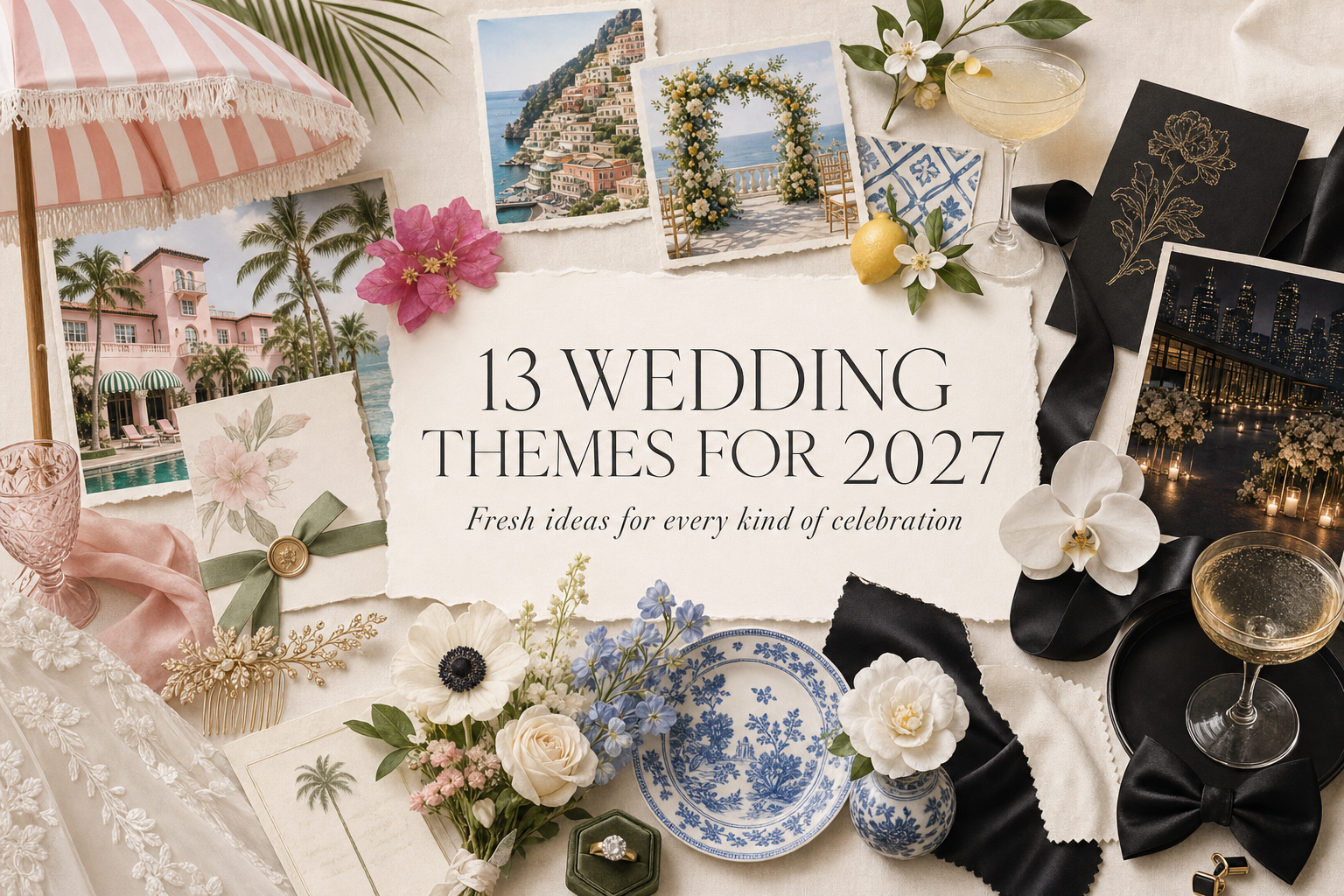 13 Wedding Themes for 2027 13 Wedding Themes for 2027 editorial wedding inspiration featuring Palm Royale, Positano, Blue Willow and Midnight Modern