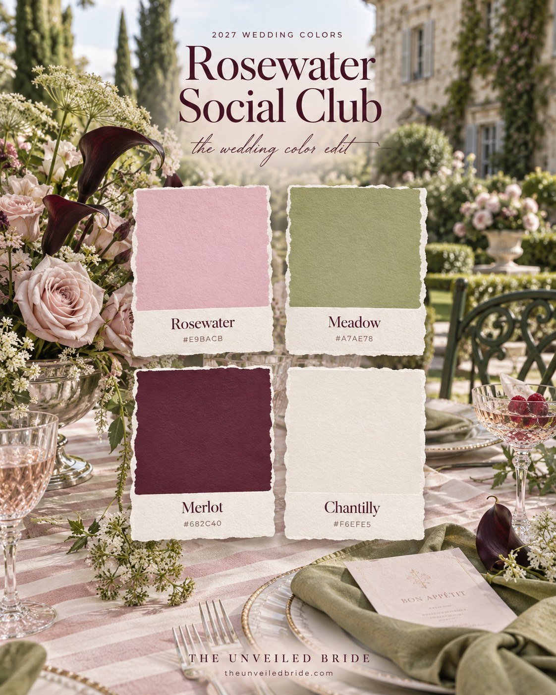 Rosewater Social Club: Pink, Sage Green, and Burgundy Wedding Colors wedding color palette Rosewater, meadow, merlot, and chantilly color cards over a garden wedding table with pink stripes, roses, and wine-colored calla lilies.