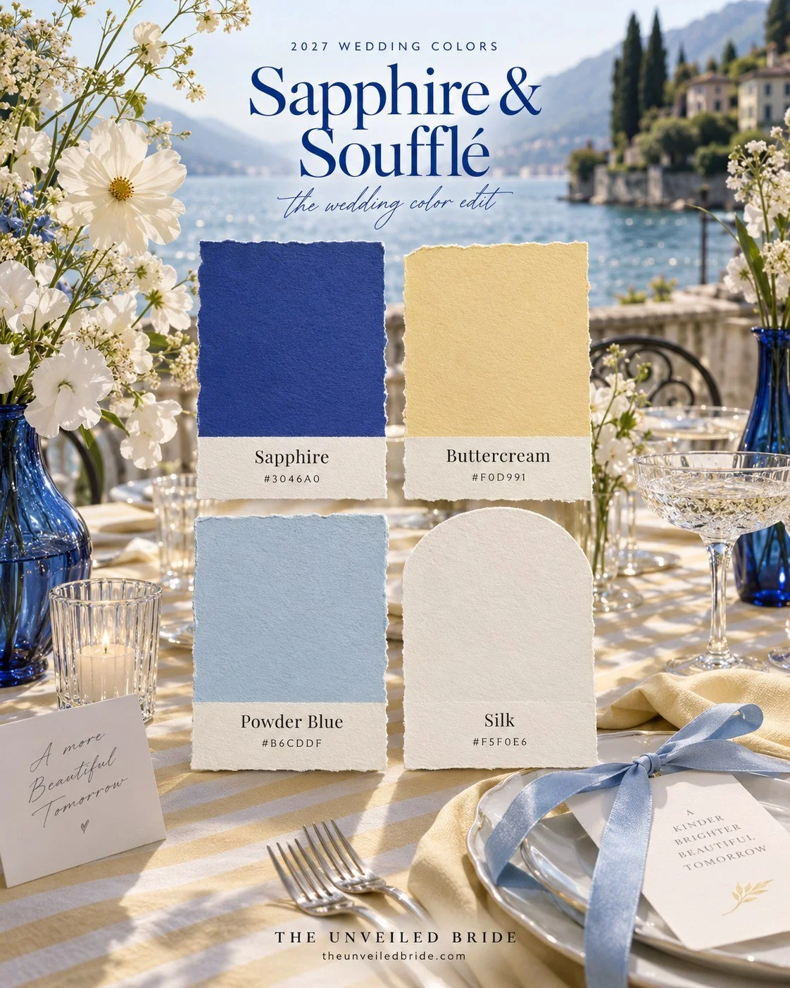 2027 wedding color palettes Four textured cards in sapphire, buttercream, powder blue, and silk over a lakeside wedding table with white flowers and blue glassware.