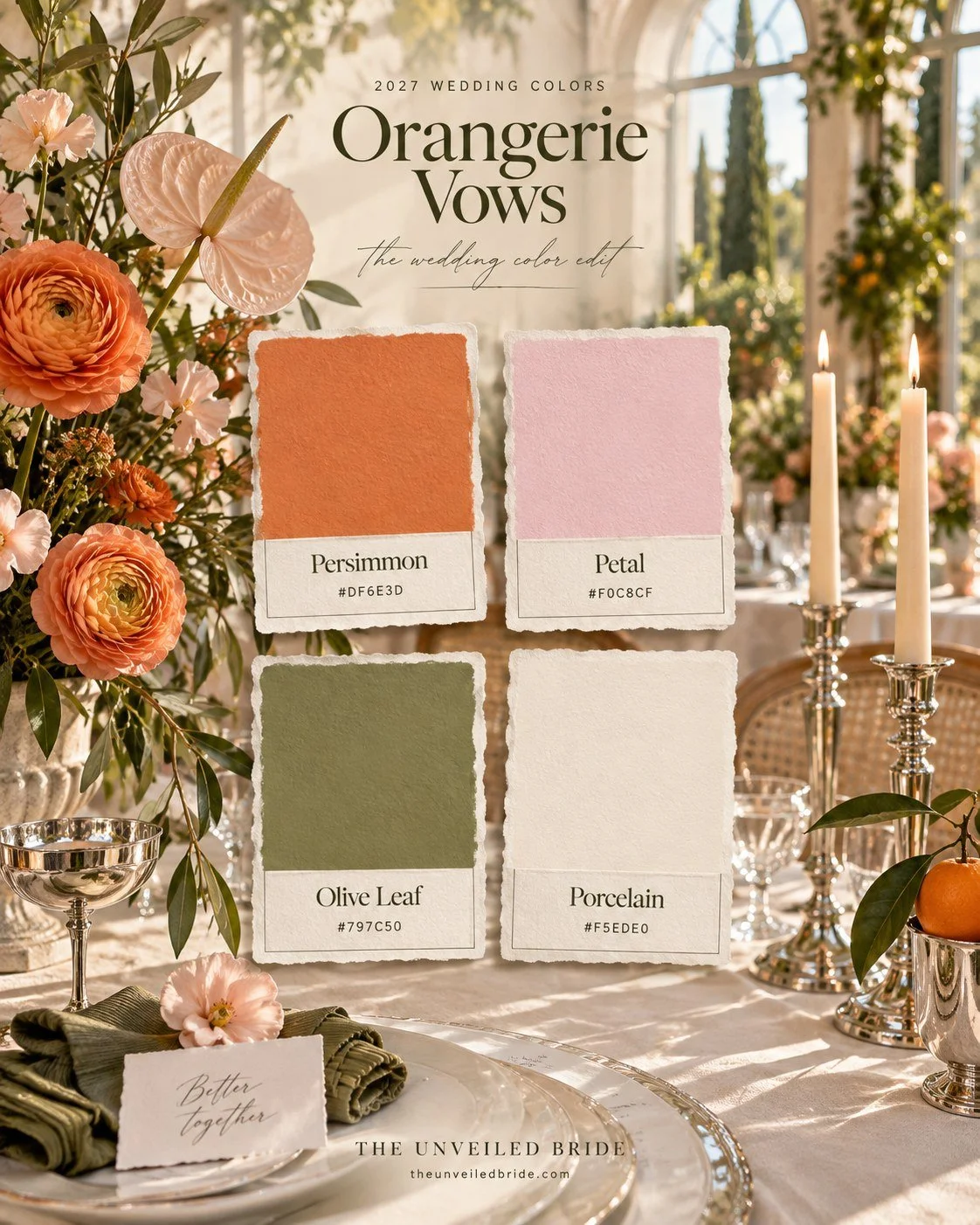 Orangerie Vows: Orange, Blush Pink, and Olive Wedding Colors wedding color palette Persimmon, petal, olive leaf, and porcelain cards over a sunlit orangery wedding table with orange flowers, blush anthuriums, and candles.
