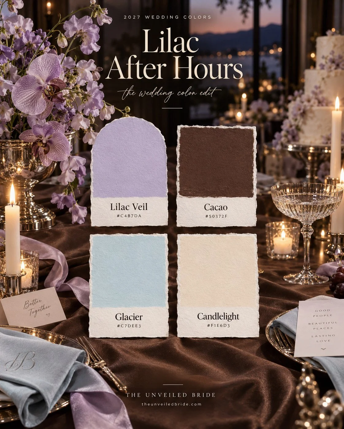 Lilac After Hours: Lilac, Chocolate Brown, and Ice Blue Wedding Colors wedding color palette Lilac veil, cacao, glacier, and candlelight cards over a brown wedding table with purple flowers, silver vessels, and glowing candles.