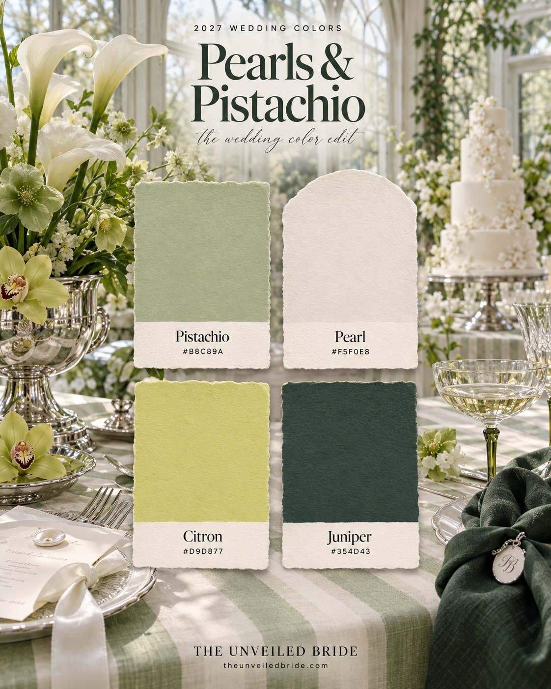 Pearls & Pistachio: Pistachio Green, Citron, and Ivory Wedding Colors wedding color palette Pistachio, pearl, citron, and juniper cards over a conservatory wedding table with white calla lilies, green glassware, and a white cake.
