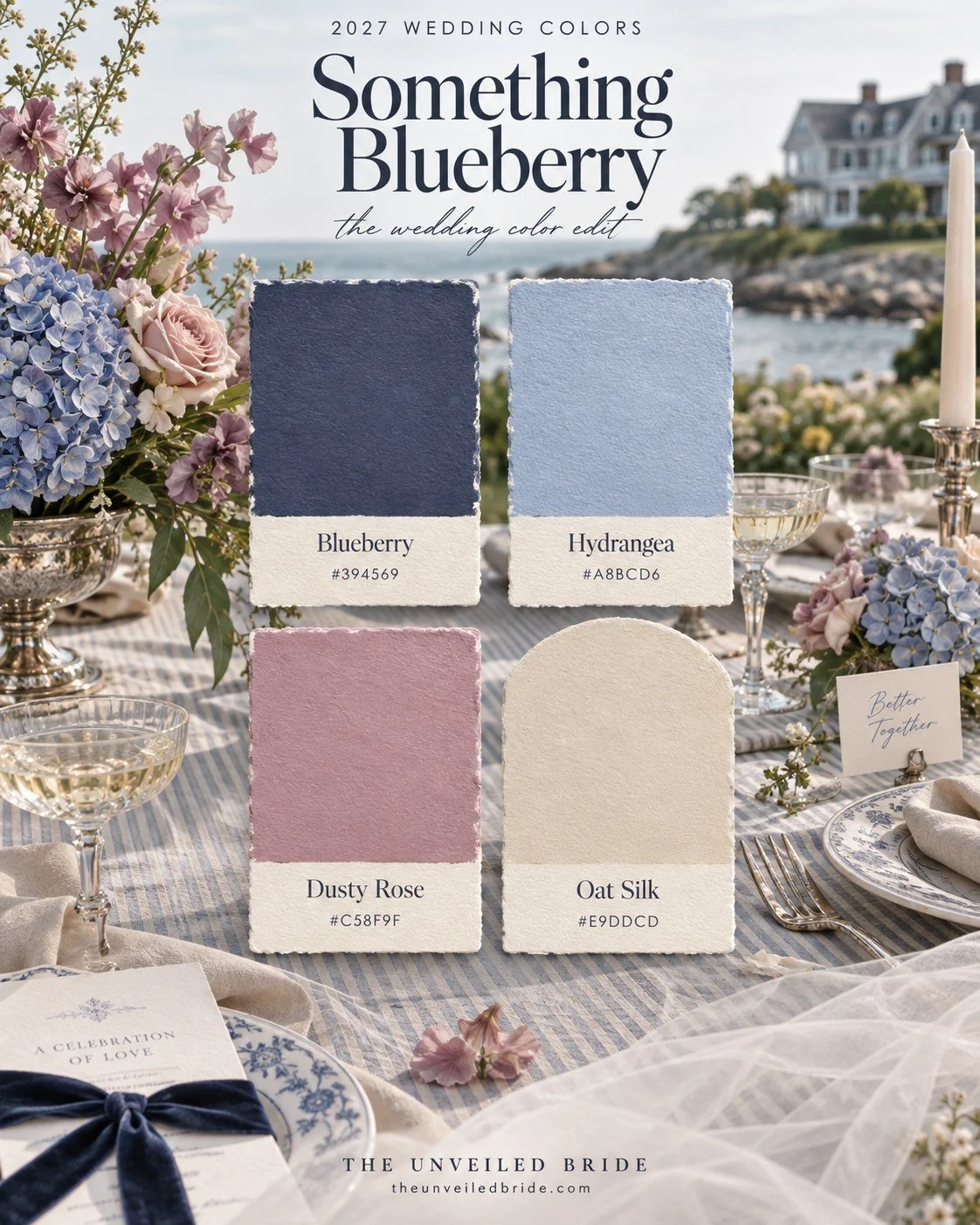 Something Blueberry: Dusty Blue, Dusty Rose, and Ivory Wedding Colors wedding color palette Blueberry, hydrangea, dusty rose, and oat silk cards over a coastal wedding table with blue-and-white china, flowers, and a velvet bow.