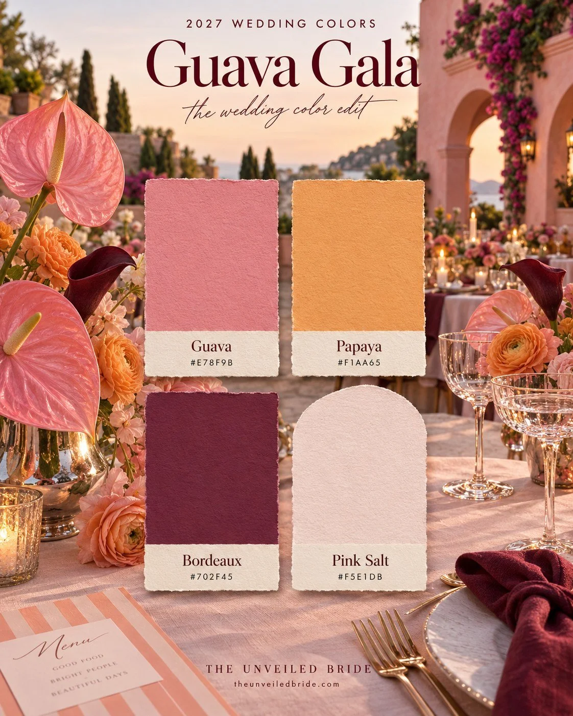 Guava Gala: Coral Pink, Peach Orange, and Burgundy Wedding Colors wedding color palette Guava, papaya, Bordeaux, and pink salt cards over a colorful wedding table with pink anthuriums, orange flowers, and a pink courtyard.