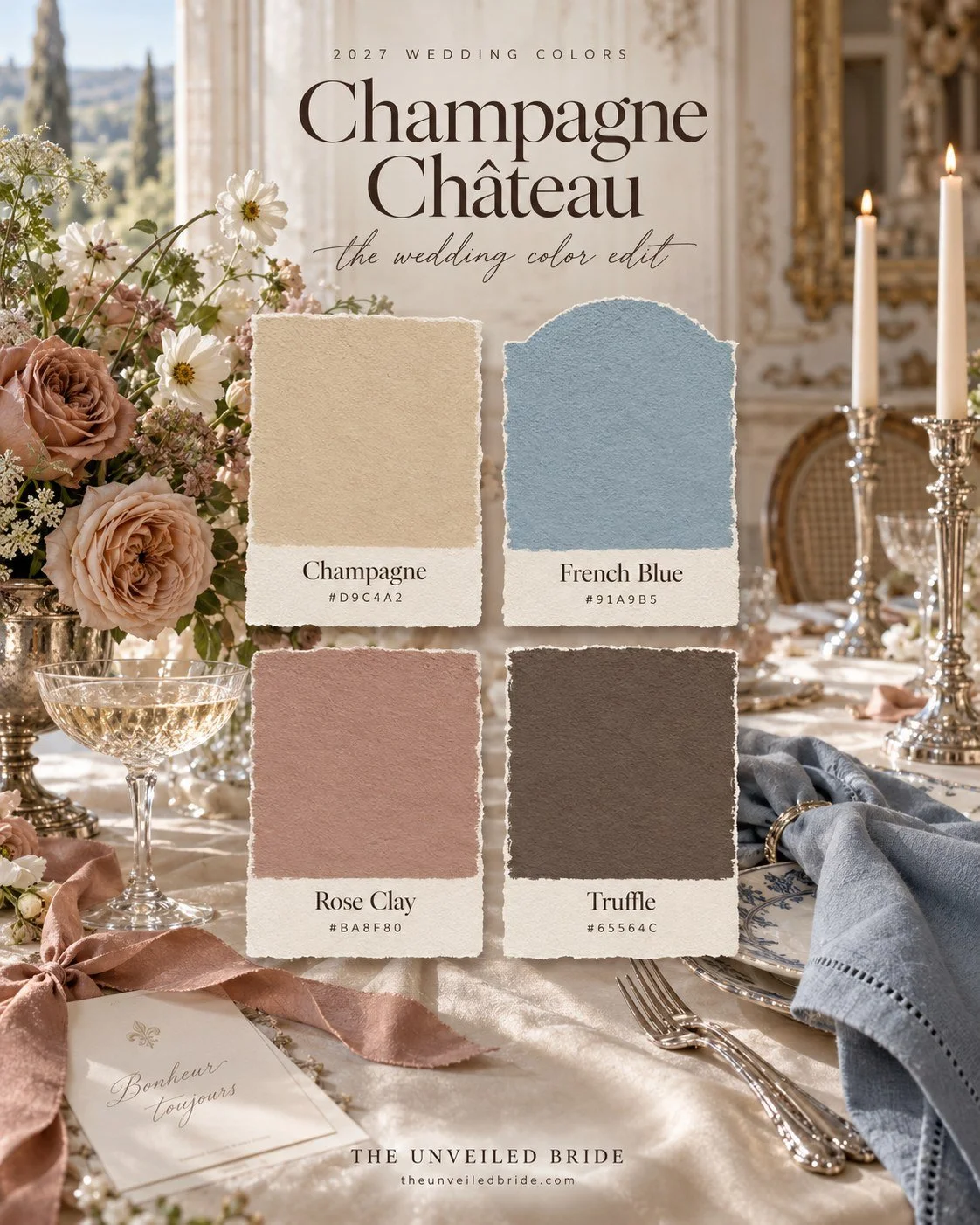Champagne Château: Champagne, French Blue, and Rose Wedding Colors wedding color palette Champagne, French blue, rose clay, and truffle cards over a château wedding table with antique-toned roses, silver candlesticks, and blue napkins.