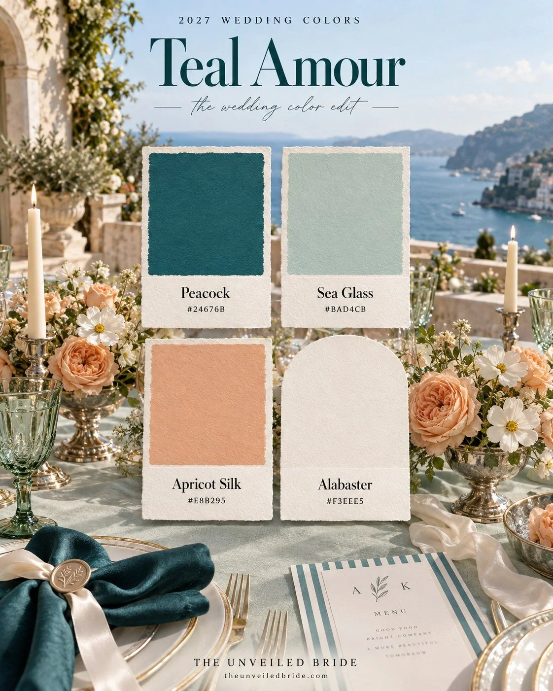 Teal Amour: Teal, Sea Glass, and Apricot Wedding Colors wedding color palette Peacock, sea glass, apricot silk, and alabaster cards over a coastal wedding table with apricot roses, teal fabric, and striped stationery.