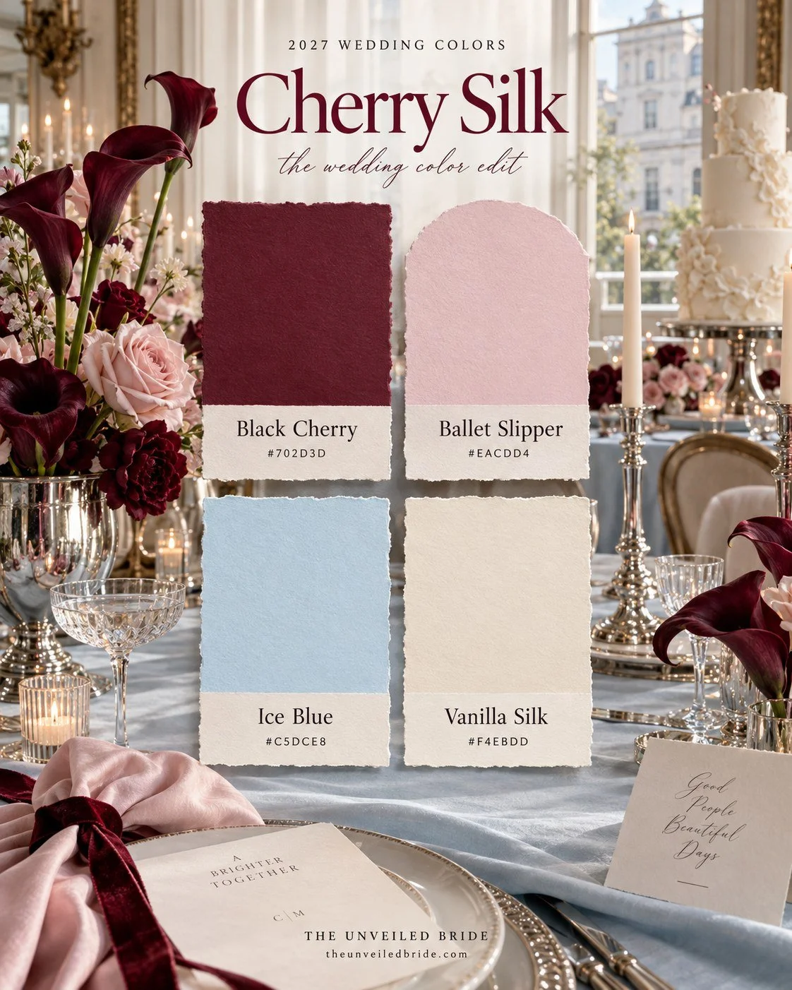 Cherry Silk: Burgundy, Blush Pink, and Ice Blue Wedding Colors wedding color palette Black cherry, ballet slipper, ice blue, and vanilla silk cards over a formal wedding table with burgundy calla lilies, pink fabric, and icy blue linen.