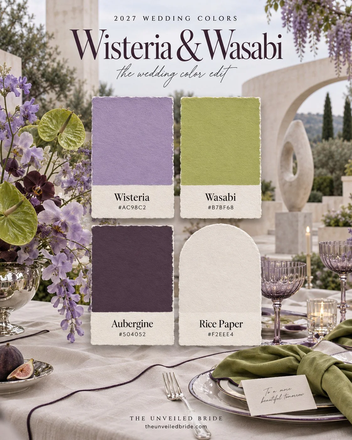 Wisteria & Wasabi: Lavender, Chartreuse, and Plum Wedding Colors wedding color palette Wisteria, wasabi, aubergine, and rice paper cards over a modern garden wedding table with purple flowers, green anthuriums, and lilac glasses.