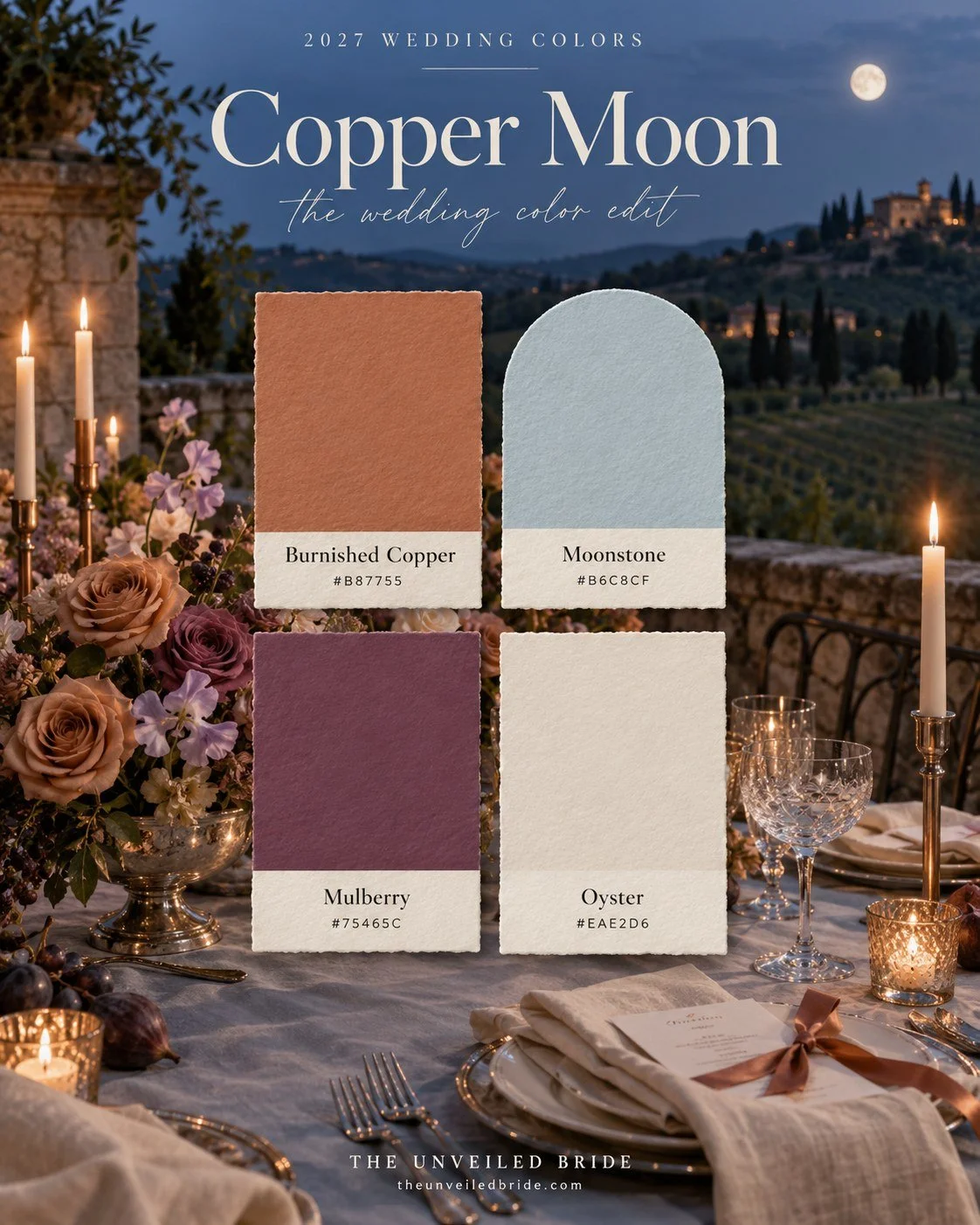 Copper Moon: Copper, Dusty Blue, and Mulberry Wedding Colors wedding color palette Burnished copper, moonstone, mulberry, and oyster cards over a candlelit vineyard wedding table with warm roses and a blue evening sky.