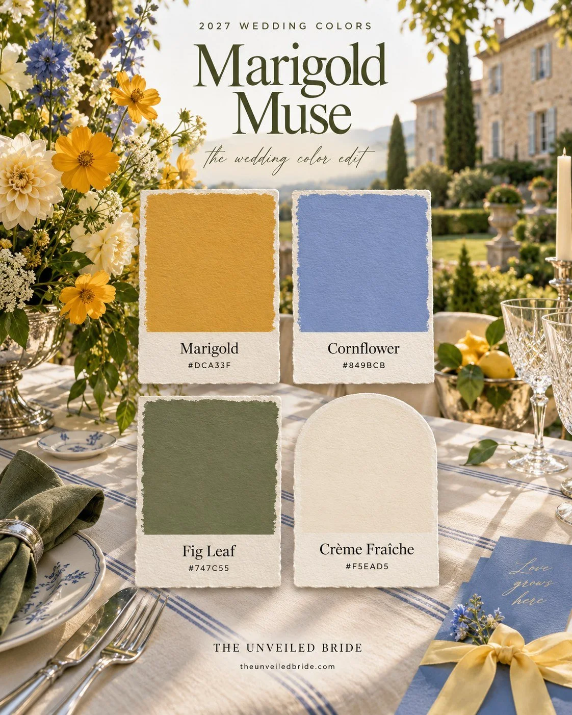 Marigold Muse: Golden Yellow, Cornflower Blue, and Olive Wedding Colors wedding color palette Marigold, cornflower, fig leaf, and crème fraîche cards over a garden wedding table with golden flowers, blue stationery, and green napkins.