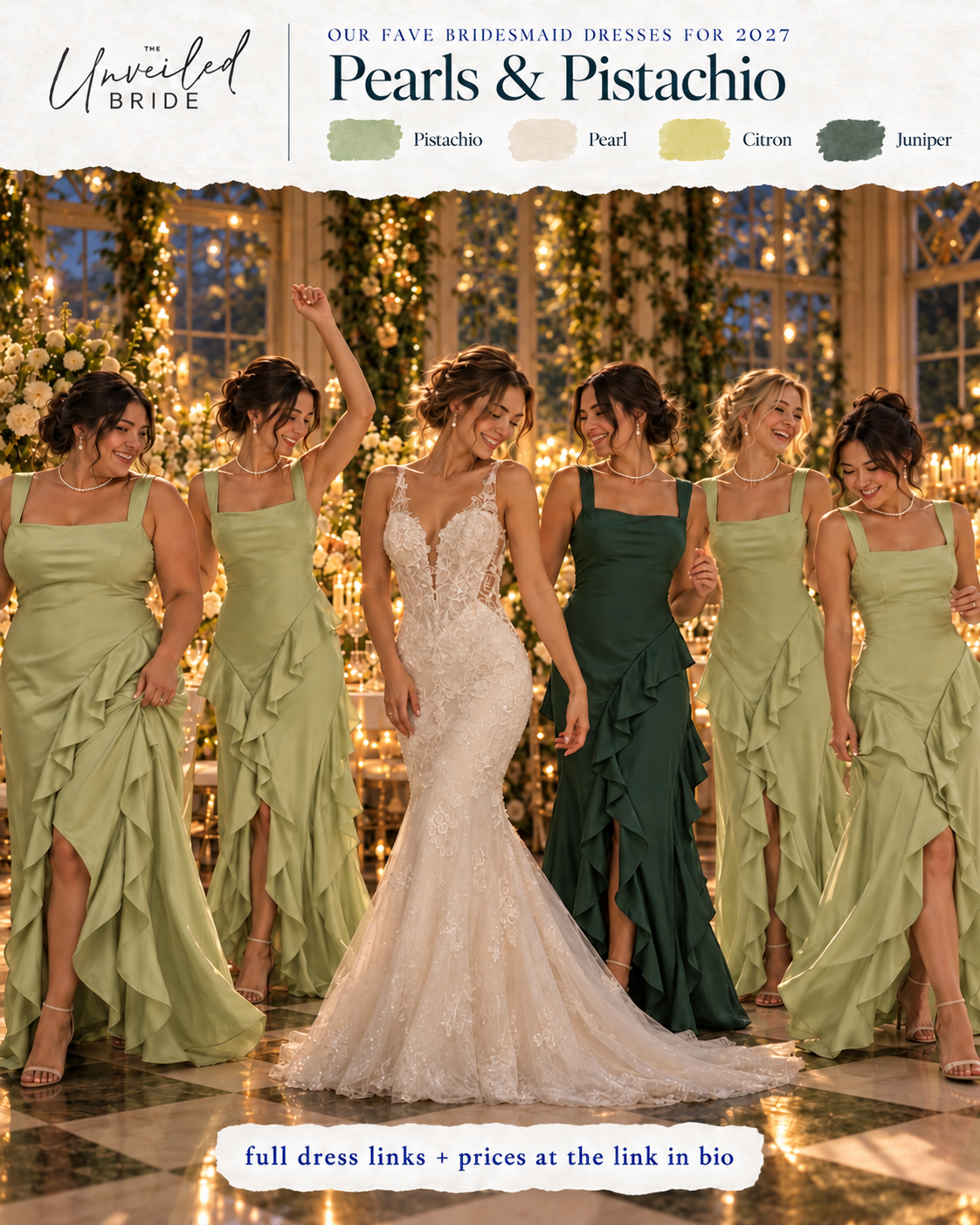 Pearls &amp; Pistachio: Pistachio and deep green bridesmaid dresses in an editorial wedding inspiration scene