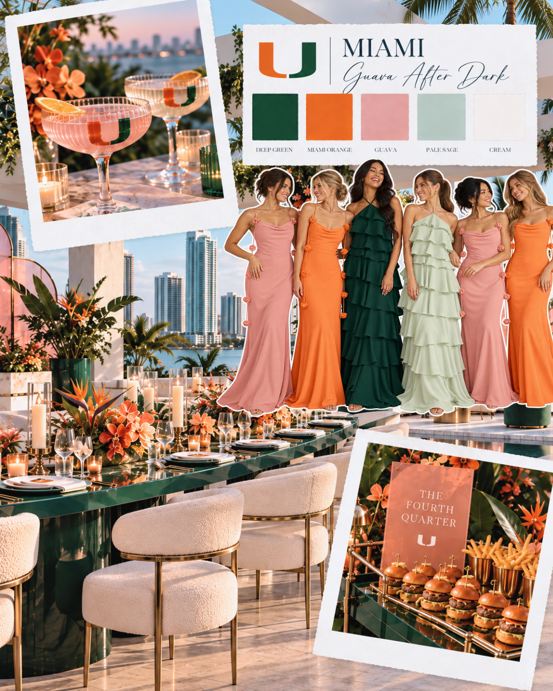 Miami Guava After Dark wedding moodboard with green, orange, pink, and pale sage bridesmaid dresses and a rooftop reception.
