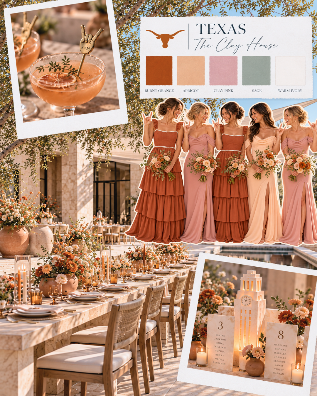 Texas Clay House wedding moodboard with burnt orange, apricot, and clay pink bridesmaid dresses, a courtyard reception, and Longhorn-inspired details.