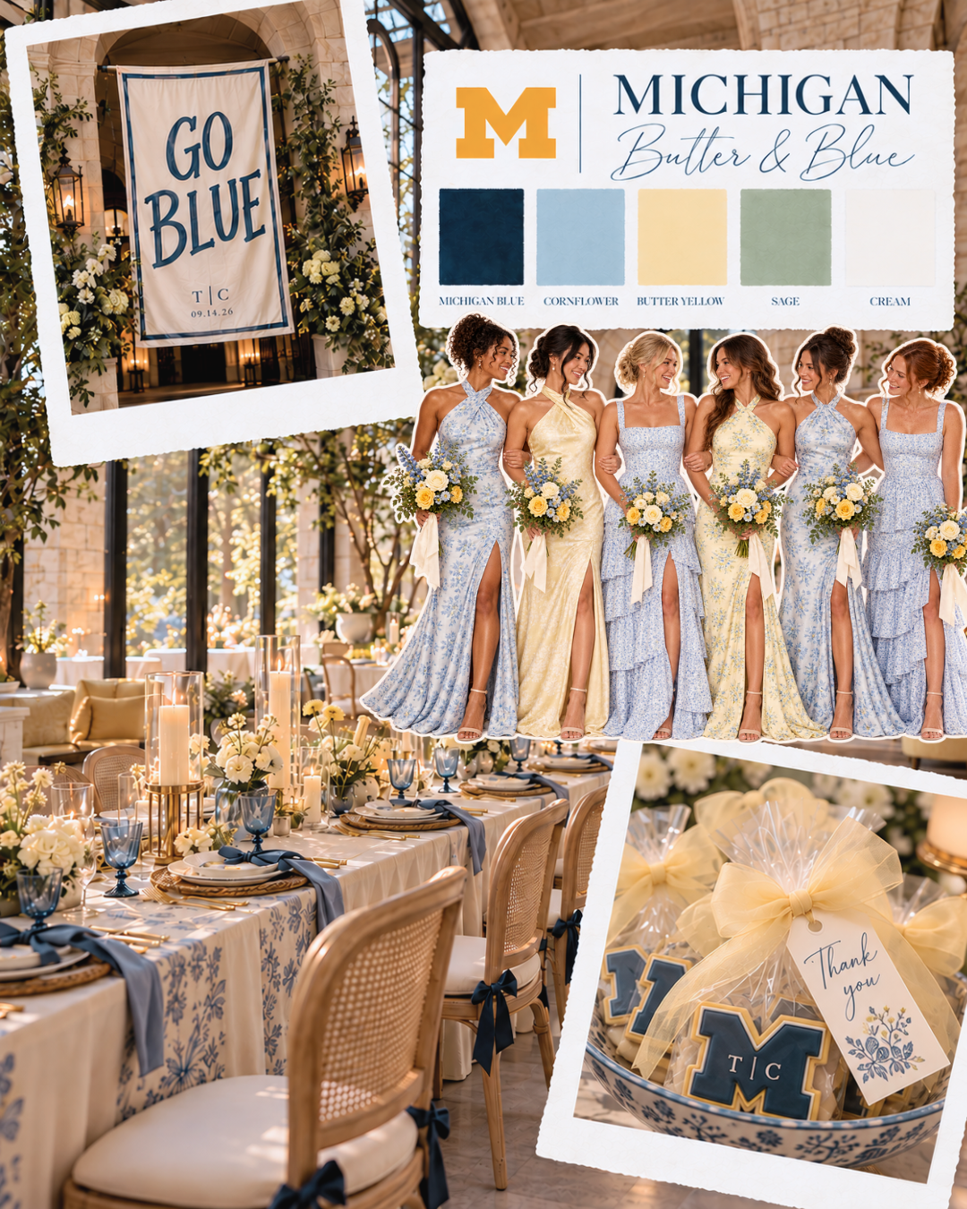 Michigan Butter and Blue wedding moodboard with blue and pale yellow floral bridesmaid dresses, blue-and-white table linens, and a Go Blue banner.
