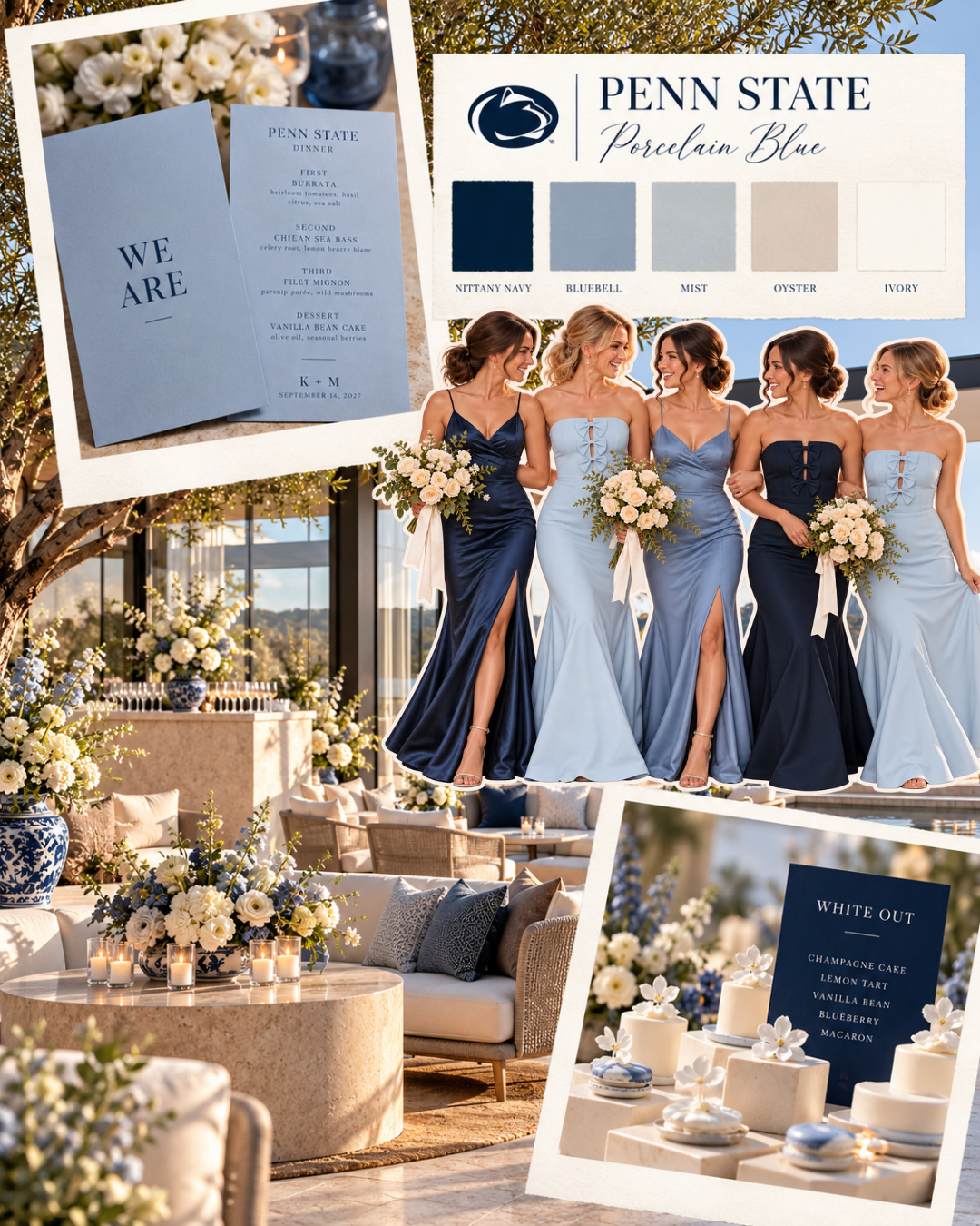 Penn State Porcelain Blue wedding moodboard with navy and pale blue bridesmaid dresses, blue-and-white tableware, and ivory flowers.