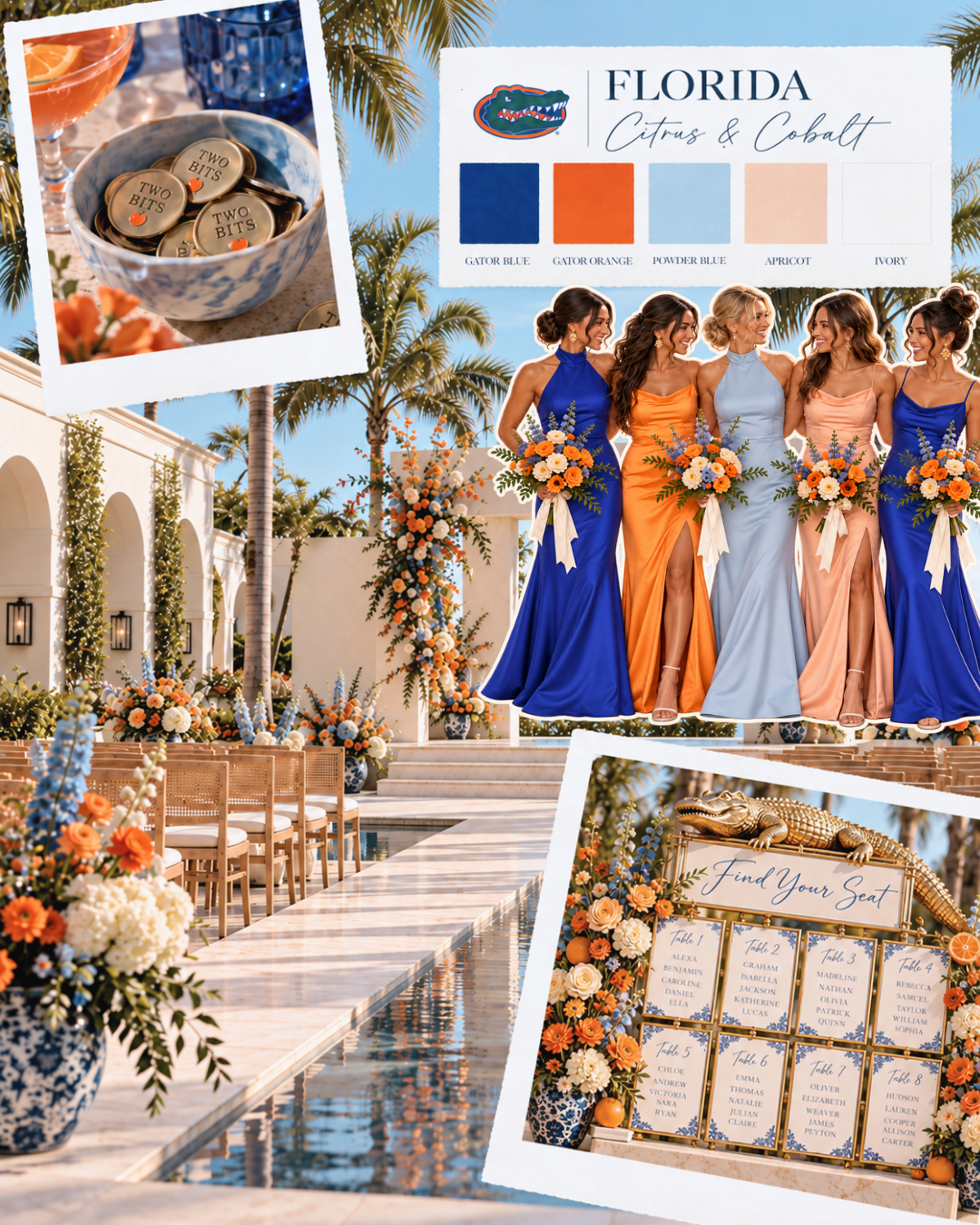 Florida Citrus and Cobalt wedding moodboard with royal blue, orange, powder blue, and apricot bridesmaid dresses and a coastal reception.
