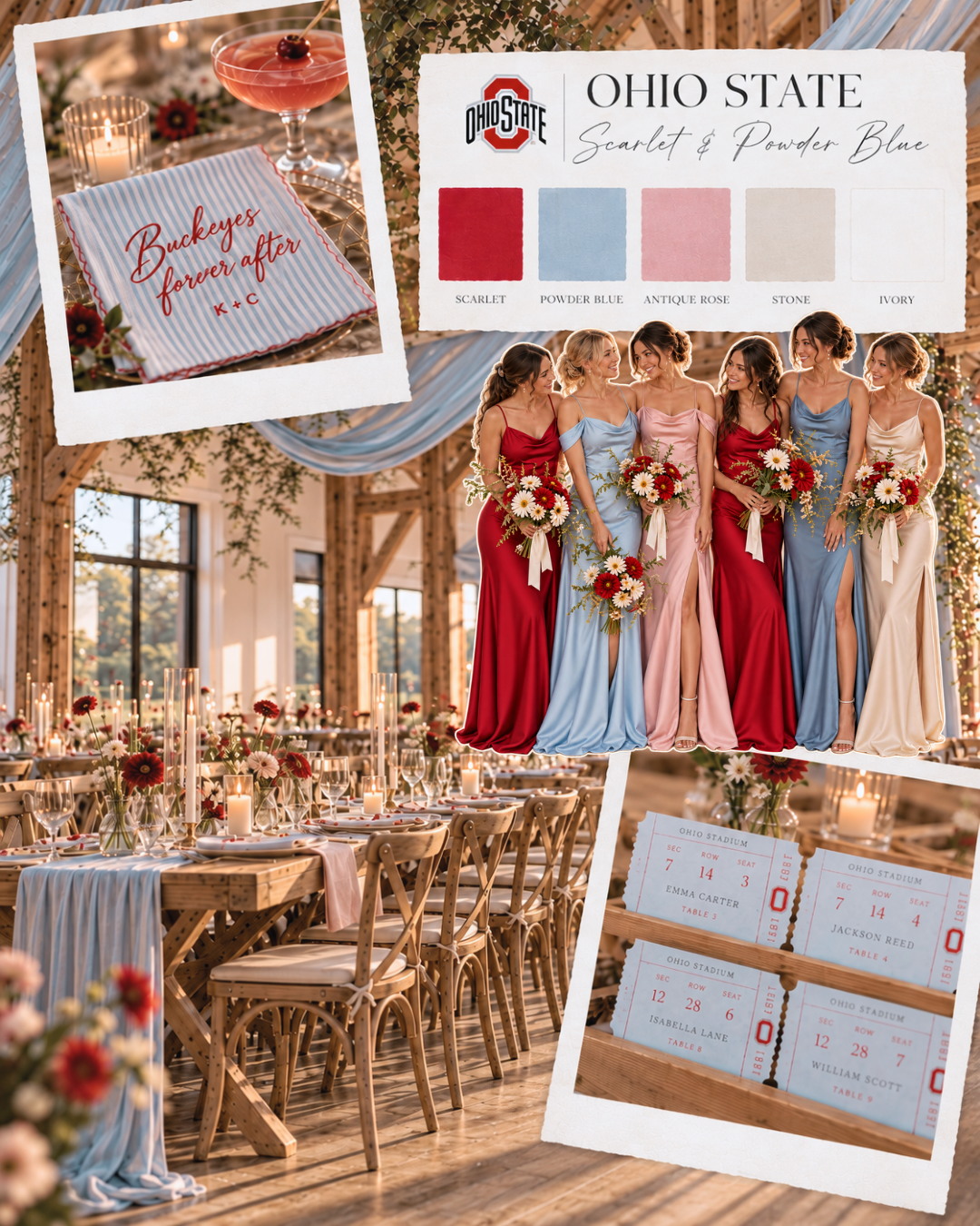 Ohio State Scarlet and Powder Blue wedding moodboard with mixed red, blue, pink, and champagne bridesmaid dresses and a candlelit barn reception.