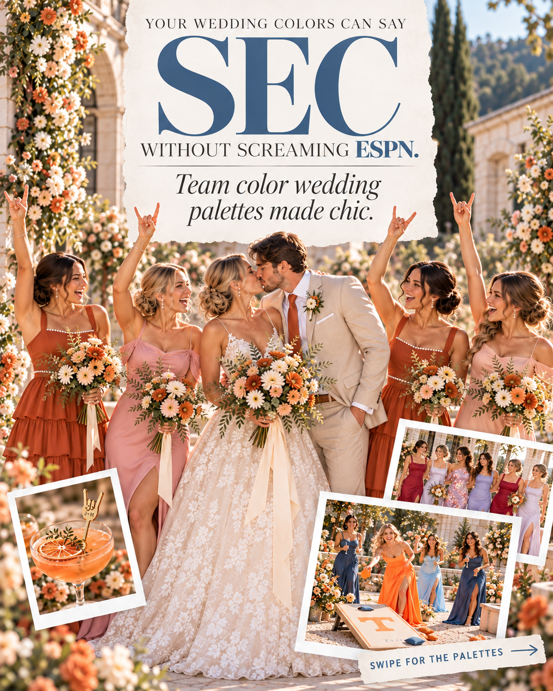 Team color wedding palettes made chic, with a bride and groom, rust and blush bridesmaid dresses, and college-inspired wedding details.