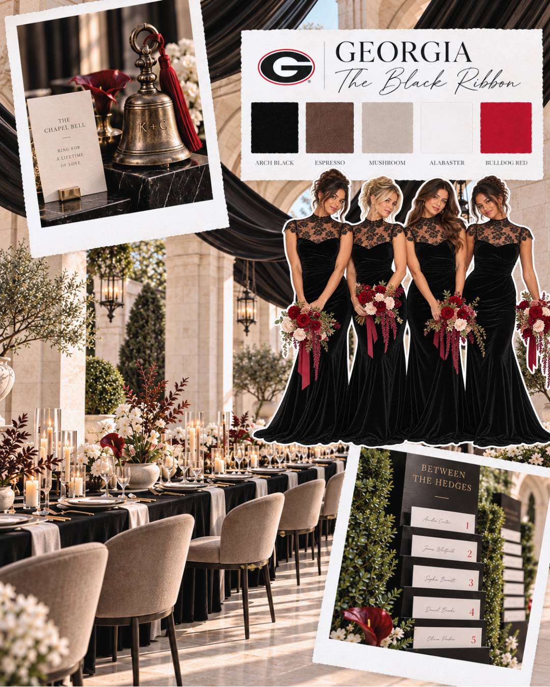 Georgia Black Ribbon wedding moodboard with black lace and velvet bridesmaid dresses, deep red flowers, black draping, and a chapel bell detail.