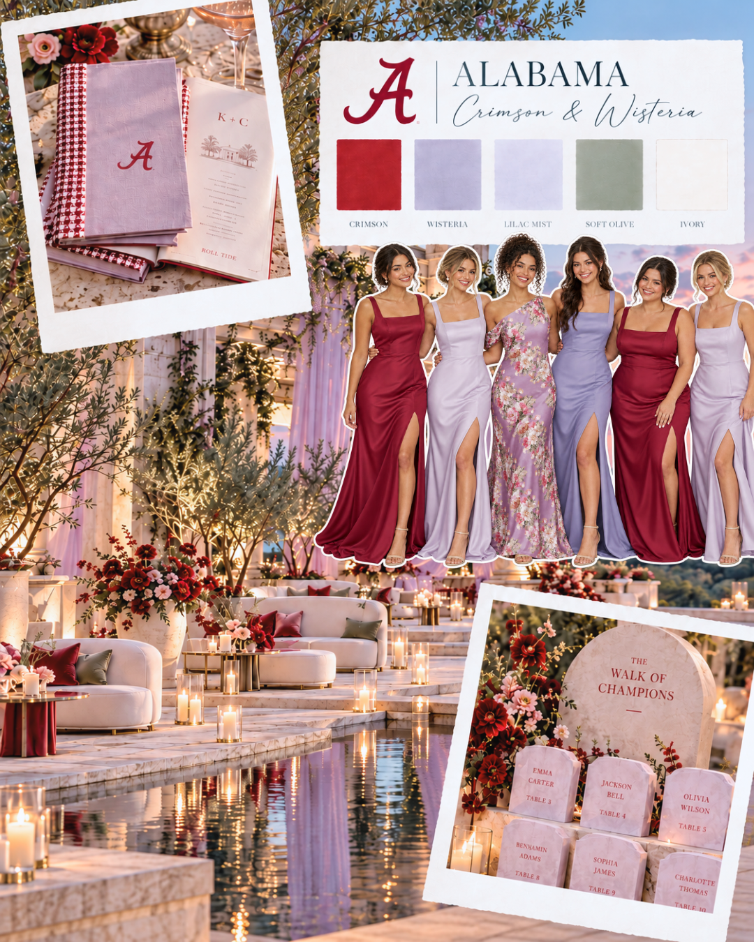 Alabama Crimson and Wisteria wedding moodboard with red, lilac, and floral bridesmaid dresses, candlelit poolside seating, and olive greenery.
