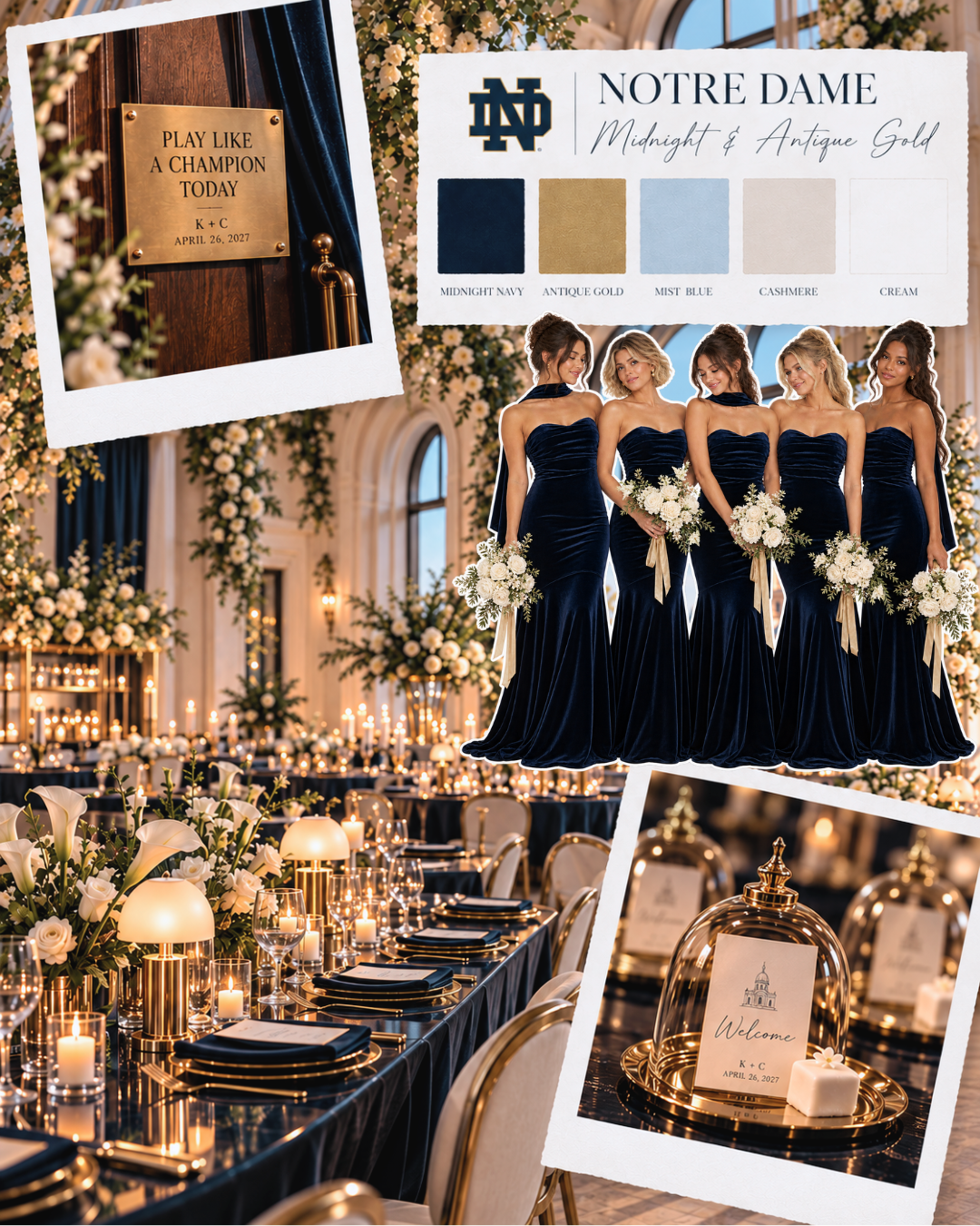 Notre Dame Midnight and Antique Gold wedding moodboard with navy velvet bridesmaid dresses, white flowers, gold table details, and candlelight.