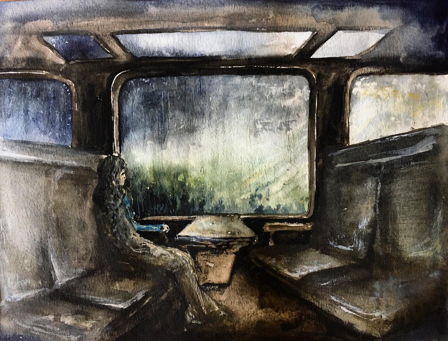 &ldquo;What a relief&rdquo; original watercolor for a collaboration with Erica Spyres, Krista Buccellato, Katie Travis and Andi Einhorn. 
.
.
.
.
.
#watercolor #mauryyeston #collaboration #rain #train #rainyday #art #artistsoninstagram