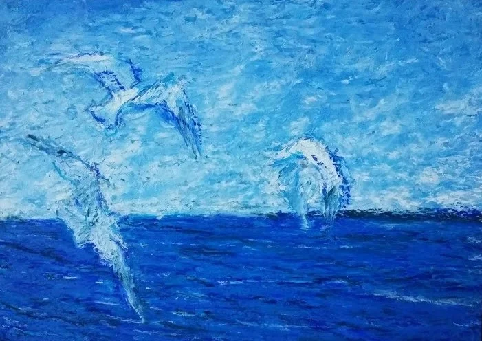   Three Gulls Flying to South Manitou   Oil pastel  7”x5”  $85.00 
