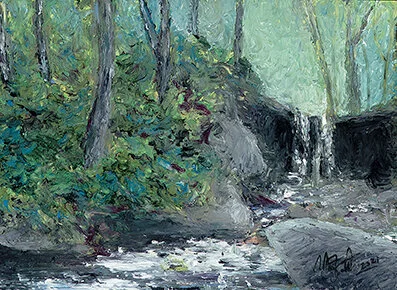   Blue Hen Falls   Oil pastel on sanded paper  7”x5” 