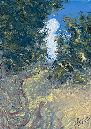   Cloud Over the Dune Trail   Oil pastel on sanded paper  5”x7’ 