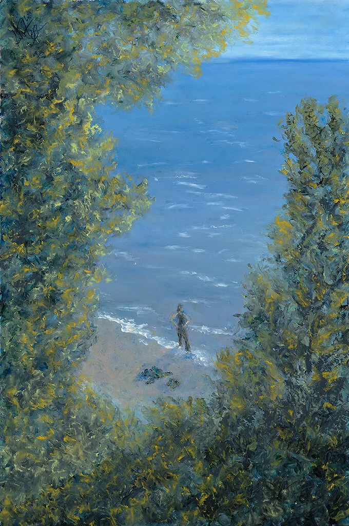   Looking East from South Manitou   Oil pastel on sanded paper  12”x18” 