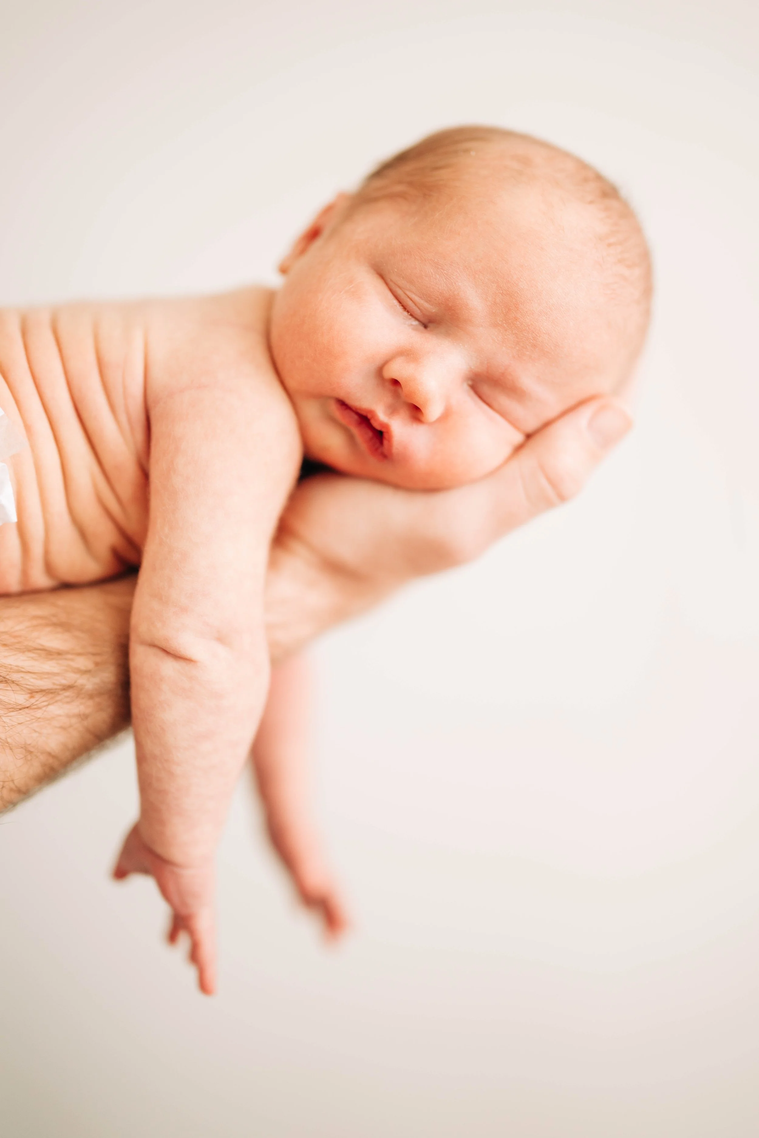 Baby resting in the palm of a hand sleeping softly