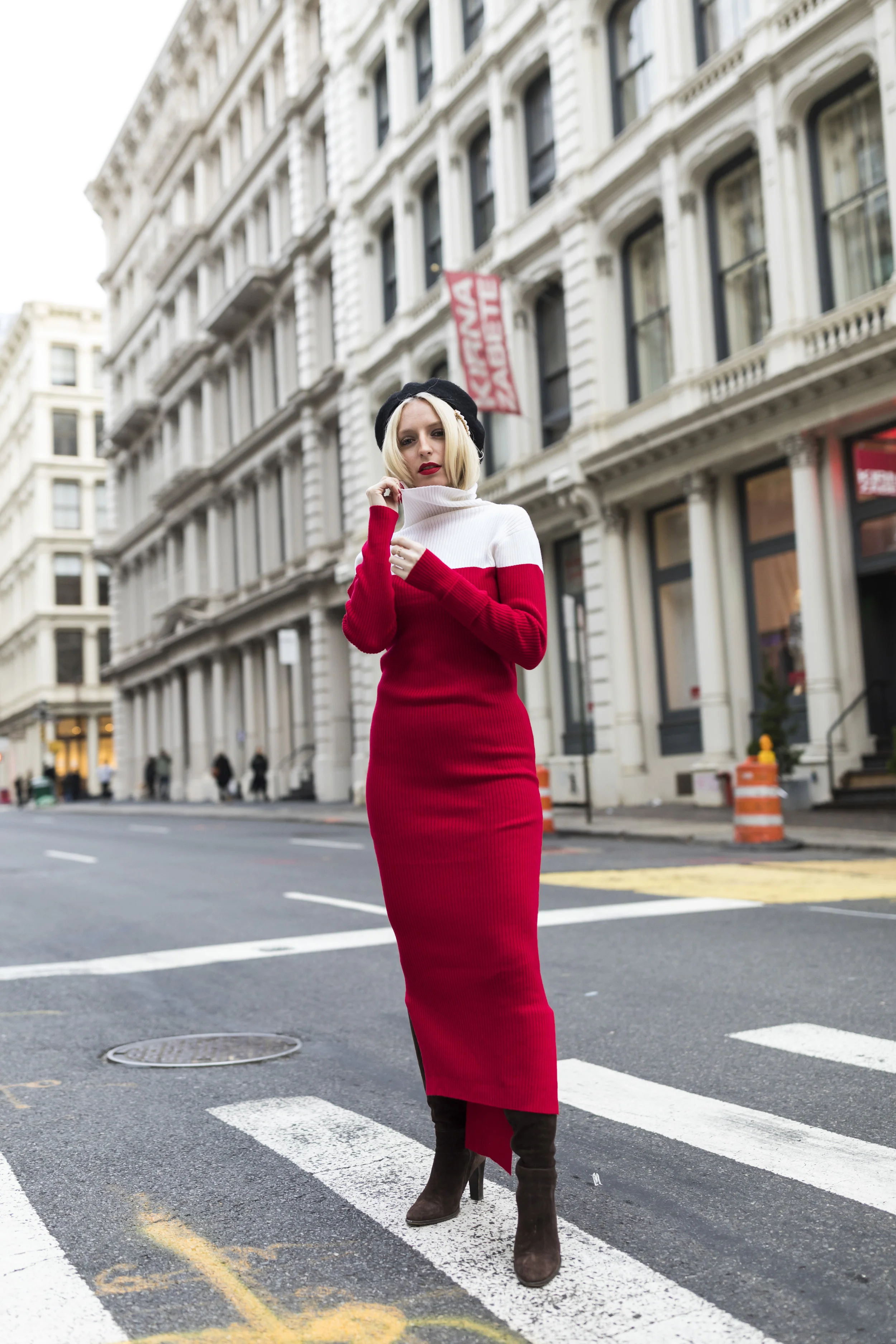 Selma, @laselmastyle , looked cozy in a white and red knit dress from the Fall ‘19 collection that we can’t wait to see everyone wear on those October chilly nights.