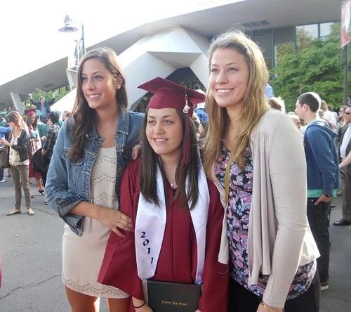 Photo: Cristina wearing 5" heels; Noelle wearing flats; Alysha wearing 5" heels