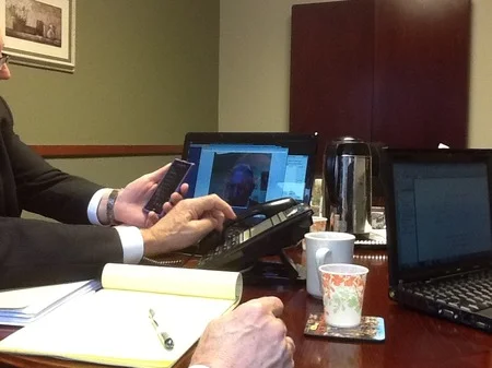 Photo: At the arbitration before State Farm's special video connect program (not skype) failed to work.
