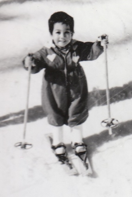 Photo: Baby Karen in heart ski suit, no gloves, wooden skis with interesting straps and apparently, snow boots.