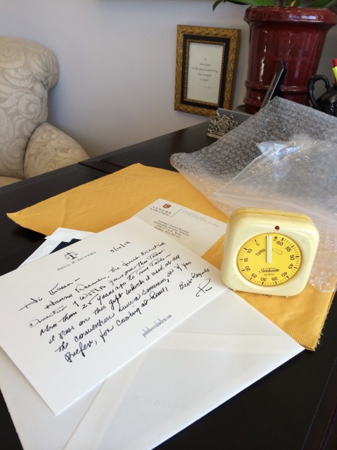 Photo: Mailing wrapper of Sunbeam timer and Paul N. Luvera's note.