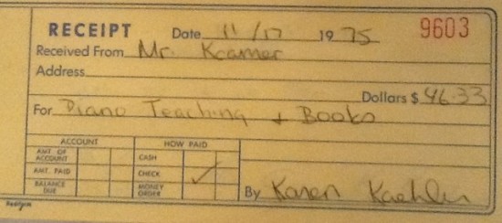 Photo: Carbon copy of a receipt directed to the bad student's dad. Note the misspelling of Mr. Kremer's last name.