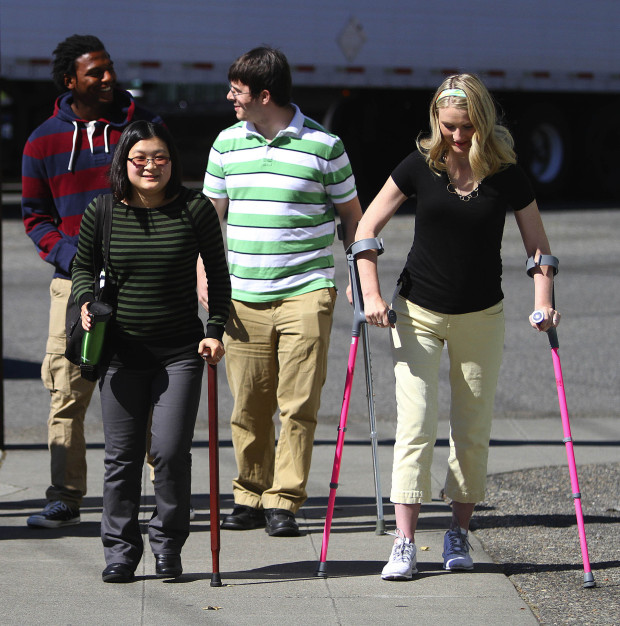 The surviving family members from a falling tree incident on U.S. 2 are seen leaving their lawyer’s office in Seattle on Friday. From left: Jeremy Owen, Jaime Mayer, Steven Mayer, and Jessica Owen. (John Lok / The Seattle Times)