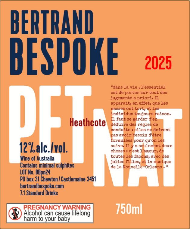 Bertrand Bespoke, L'Ecume du jour , ancestrale, PET NAT 2025