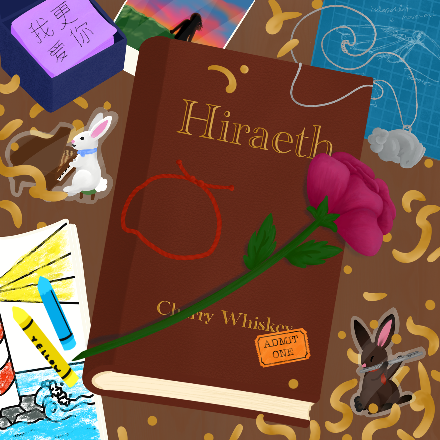 Hiraeth book surrounded by objects from the work