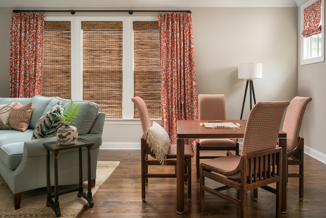 One thing to note here is that since the blinds provide light control and privacy, the curtain panels are strictly decorative. That said, we had them made with extra fullness to work aesthetically with the width of the triple window. Wide windows and skimpy curtains are a no-no.