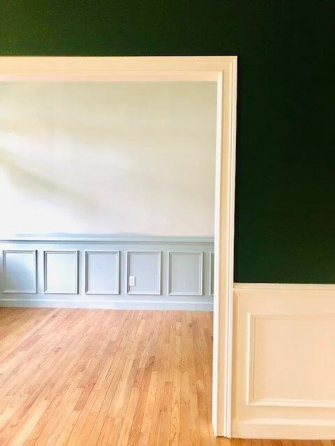 Here is an image of the dining room looking into the foyer right after we refinished the floors.  We used Minwax  “Weathered Oak” on our existing red oak floors.  The dining room is painted Sherwin Williams “Courtyard” with the wainscoting painted B…
