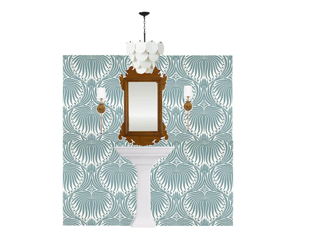 And here’s a little mockup of what’s in store in the powder room.  This timeless beauty will really add some interest and I’m in love with this direction!  It’s the combination of old with new, traditional with modern that really makes it unique and timeless.